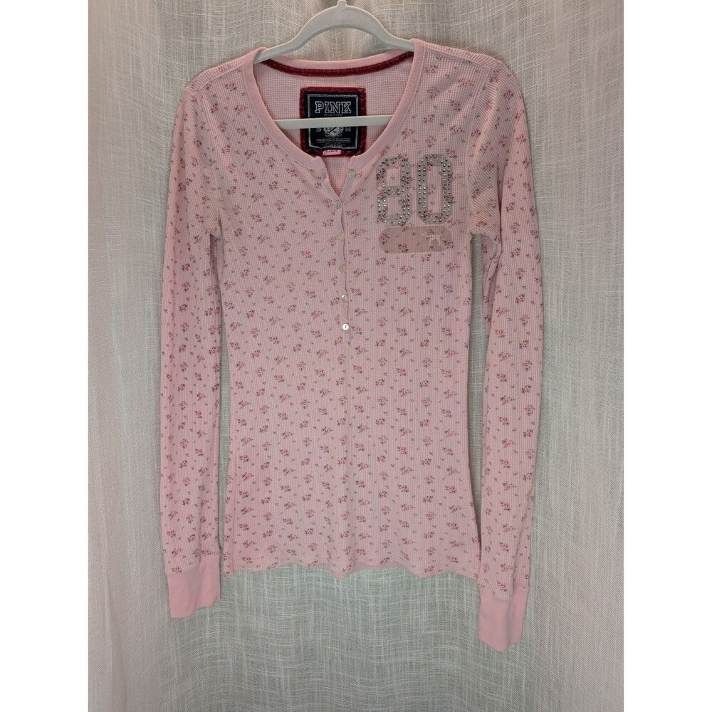 Victoria's Secret Pink Henley Y2K Size Large Long Sleeve Shirt Rhinestones